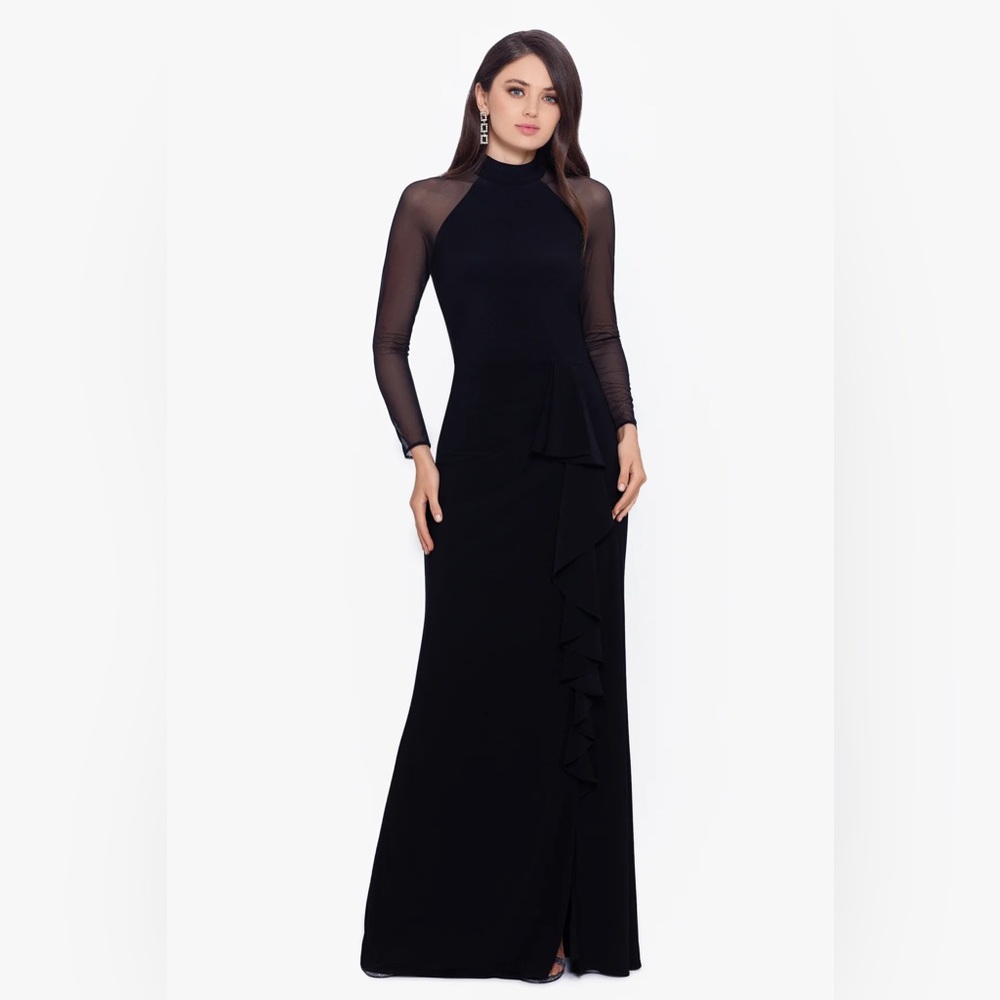 Betsy & Adam Black Mesh Sleeve Jersey Gown Mock Neck Size 8p NWT Modest GALA MOB